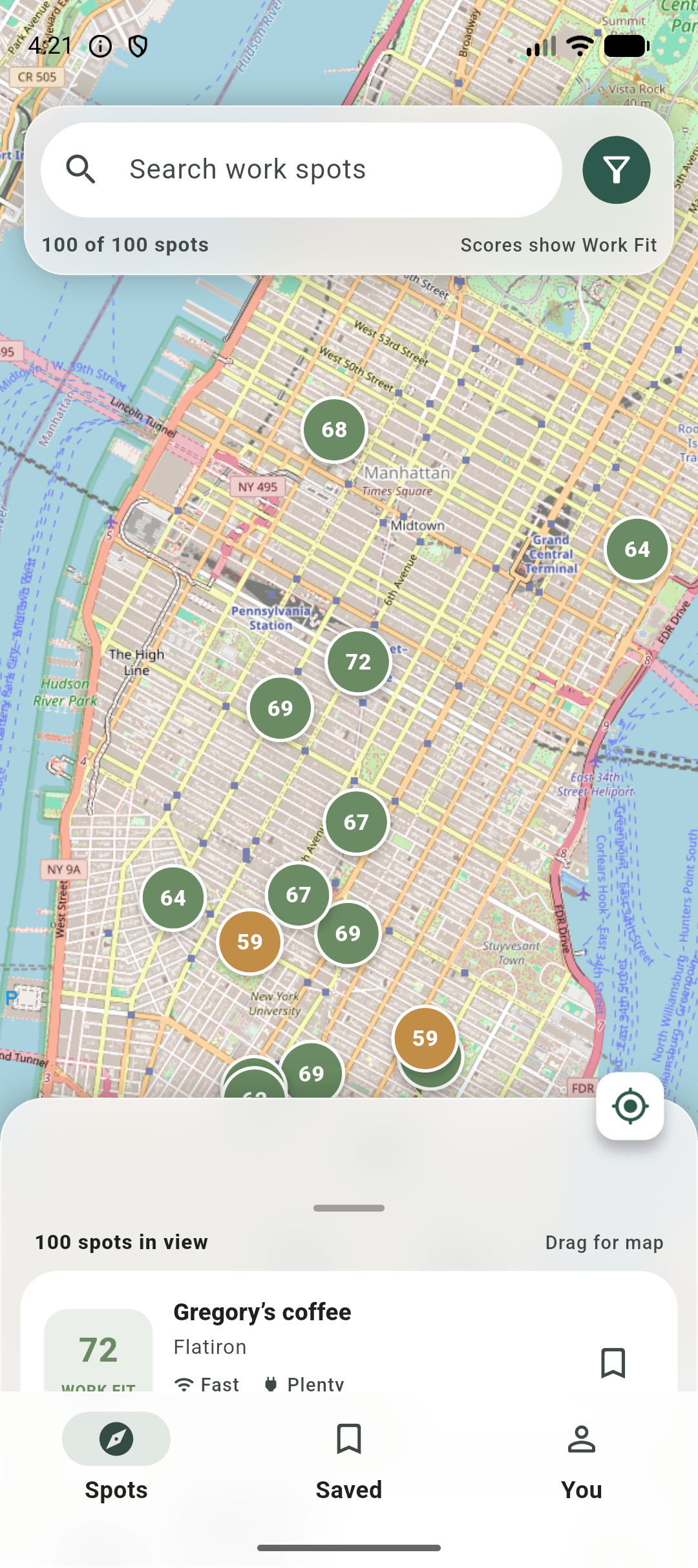 BrewDesk app, work-friendly spots view