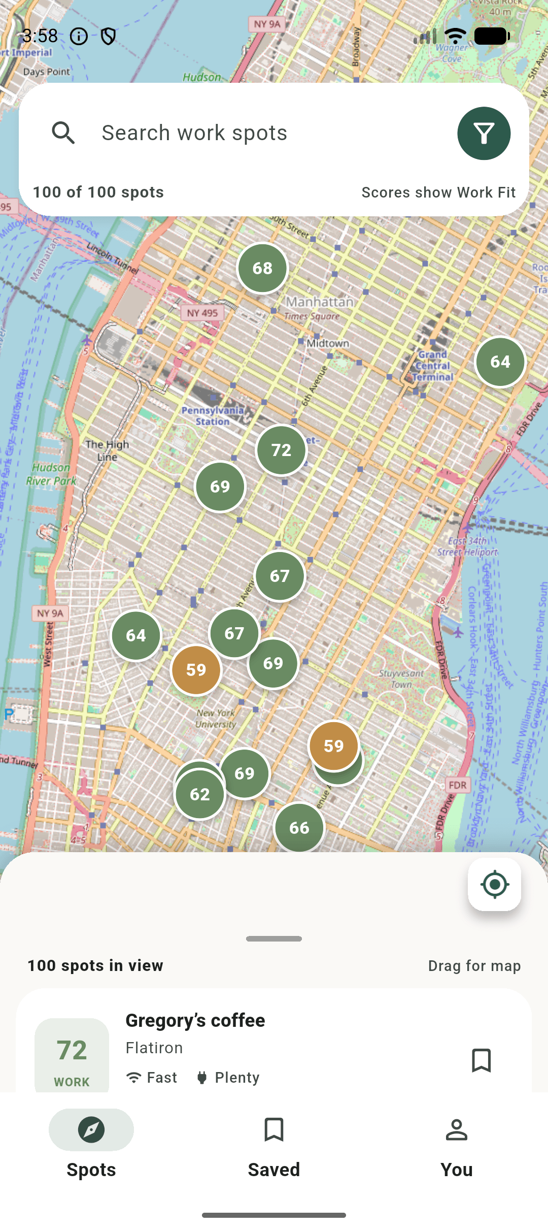 BrewDesk list of nearby work-friendly spots, each with a Work Fit score